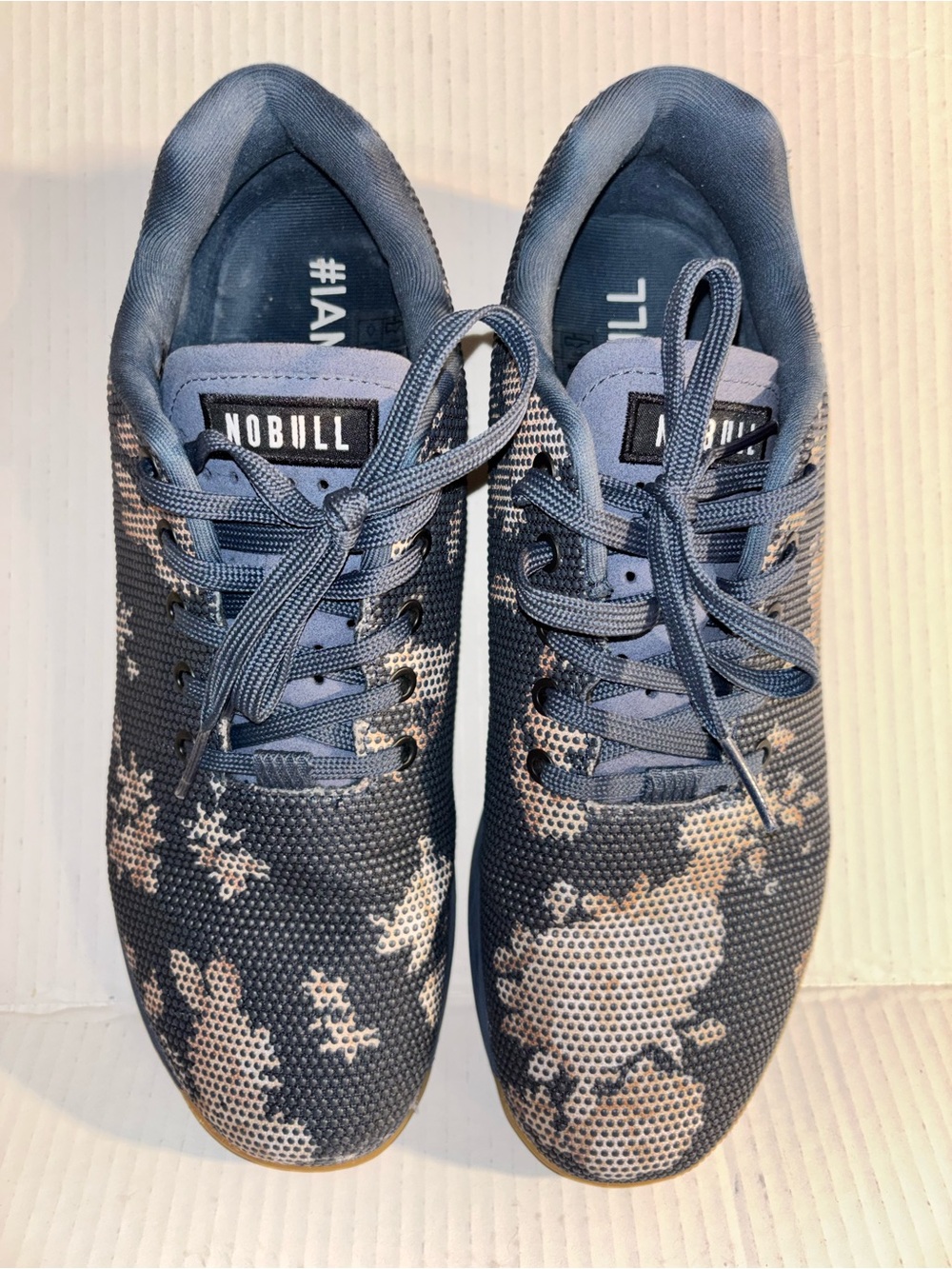 NOBULL Women's/men Blue and Tan Camo Knit Training Shoes 
Men size 11.5 women 13